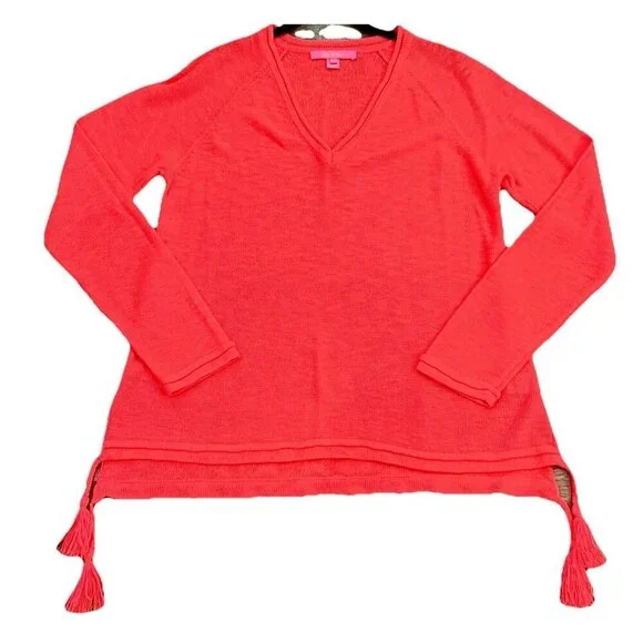 Lilly Pulitzer Women’s Jody V-neck Sweater Size Large Tassels Spicy Coral - Picture 1 of 7